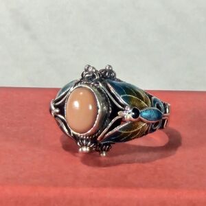 VTG Art Deco Fairy Oval Coral Silver  Ring Sz 5 925 Filigree Butterfly Whimsical